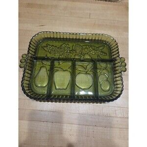 Pair of Vintage Indiana Glass Divided Relish Trays 12" Green and Clear